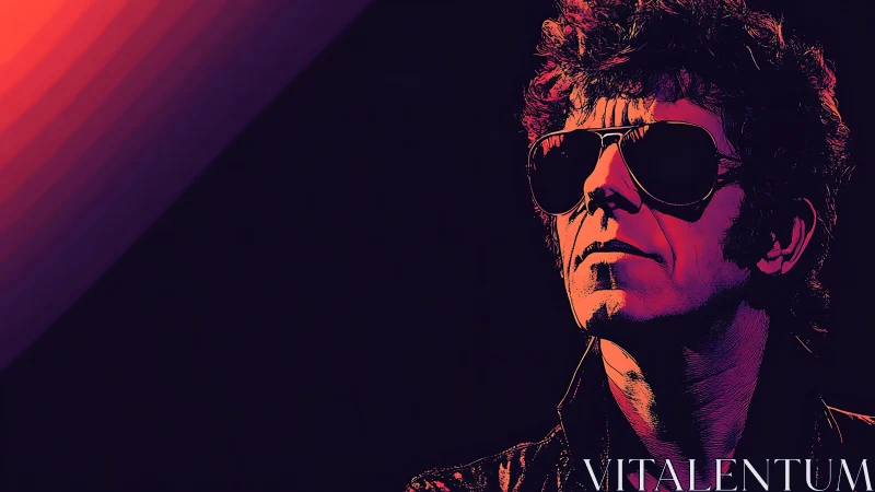 Neon shadows crown a sunglassed icon in electric stillness