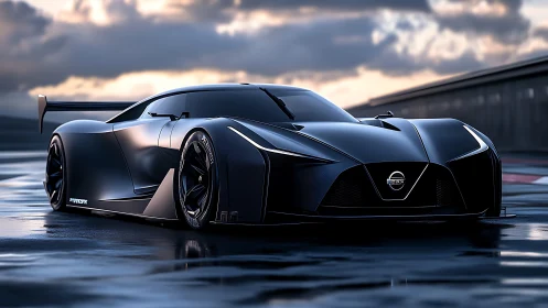 Low-slung black concept race car on wet track surface.