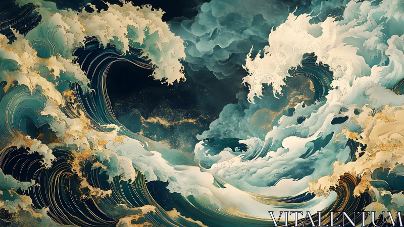 Celestial storm tides swirl in gilded teal and ivory waves.