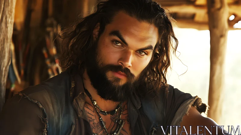 Cinematic close-up of rugged bearded man in warm directional light