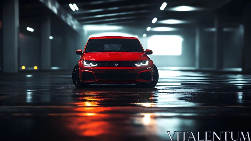 Bold red sports car glows warmly in a moody night garage