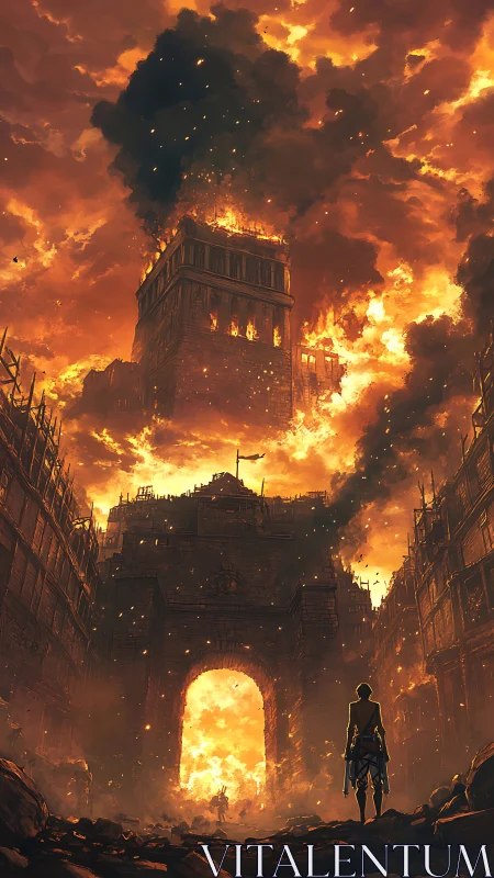 Central stone gate and tower burn amid dense urban fire