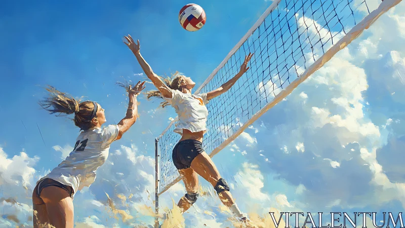 Two women jump at a beach volleyball net under blue sky