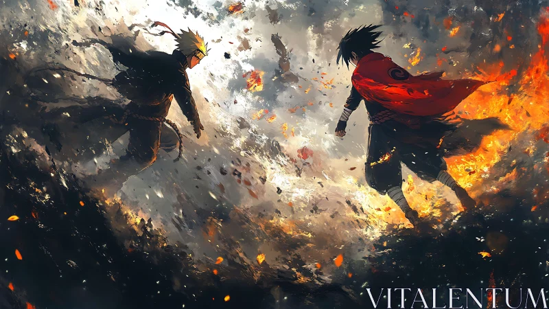 Two anime warriors clash amid eruptive fire and smoke vortex