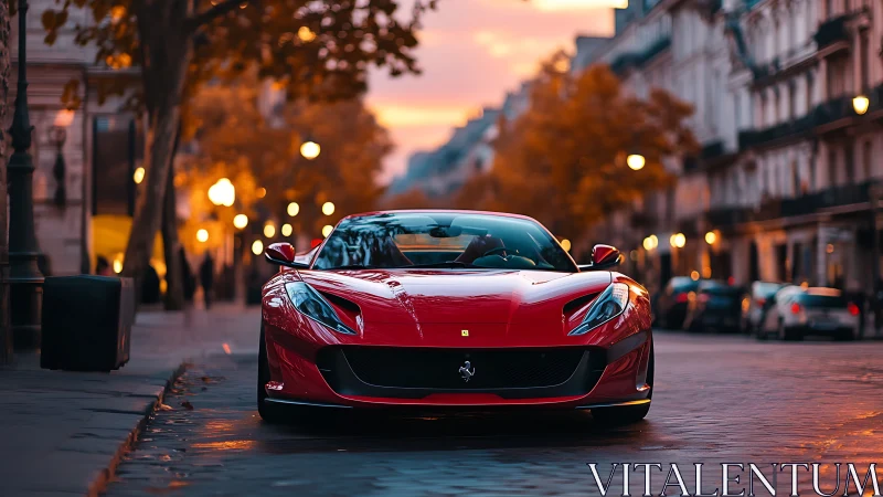 Red supercar glows against romantic city street sunset scene.