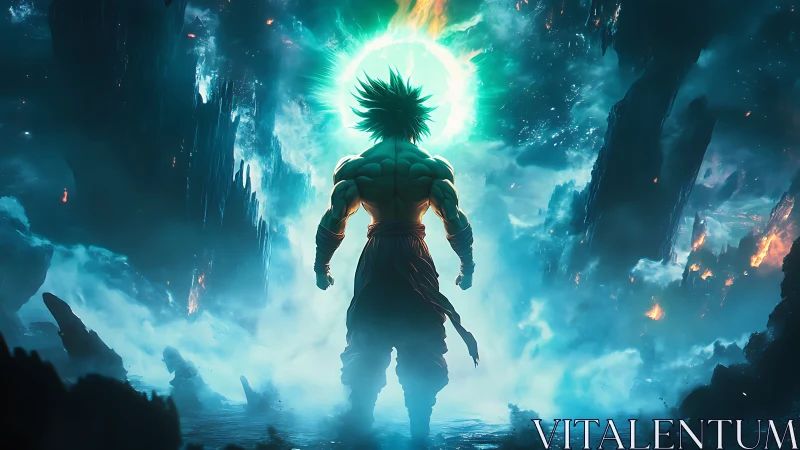 Stormforged warrior beneath a blazing celestial rupture.