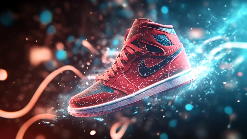 Dynamic neon render of red athletic sneaker in motion focus.