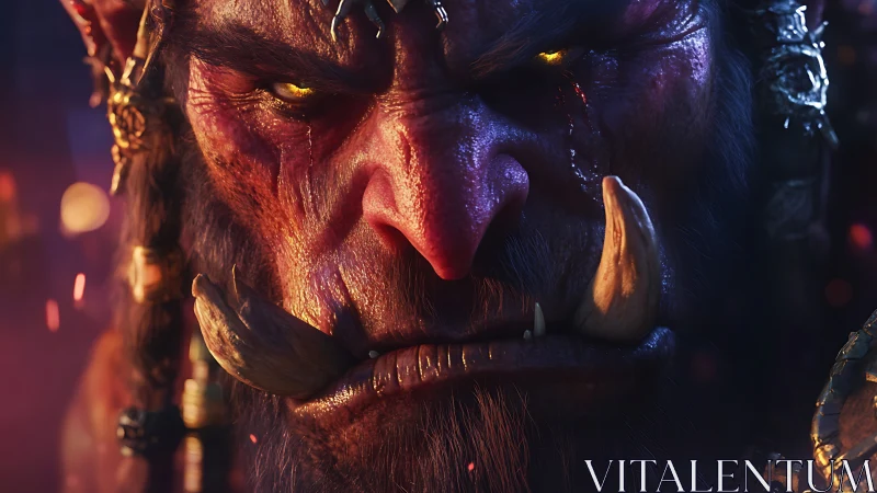 Brooding orc warlord close-up under ember-lit shadows.