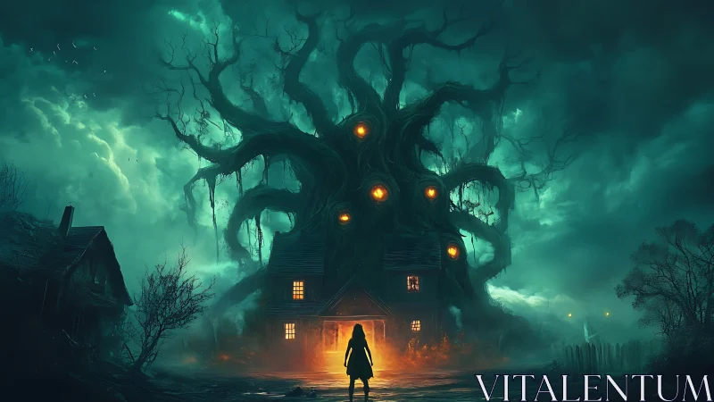 Haunted tree-house hybrid awakens in stormlit midnight mist.