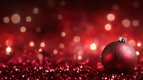 Specular red ornament in shallow depth festive bokeh field.