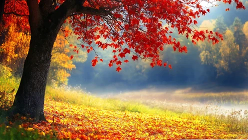 Fiery autumn maple glows above a misty riverside meadow.