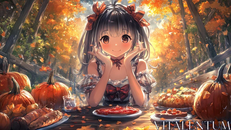 Autumn feast daydream with pumpkin pies and rosy-cheeked girl.