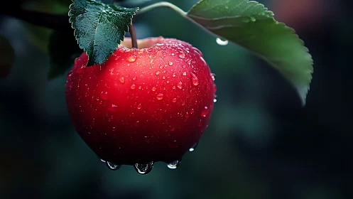Red apple with water droplets hanging from green leaves.