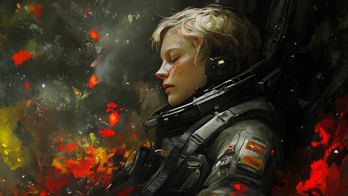 Portrait depicts suited pilot in cockpit amid abstract sparks