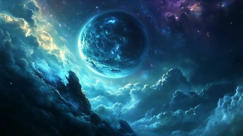 Planetary sphere above detailed cloud formations in space.