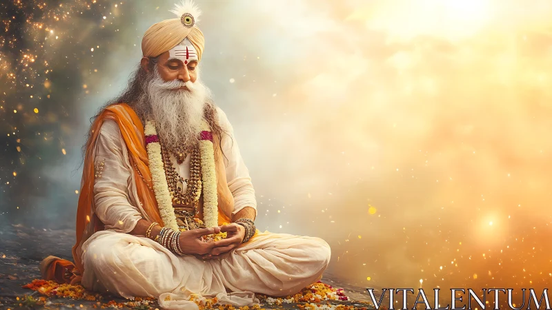 Elderly sage in lotus pose under radiant bokeh-lit golden haze