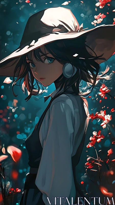 Gentle witch in a wide hat pauses among glowing blossoms
