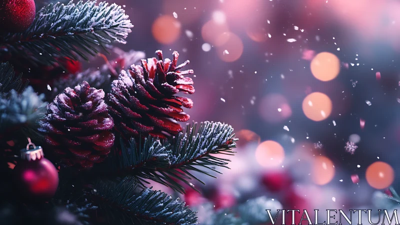 Snow dusted red pine cones on glowing Christmas tree.