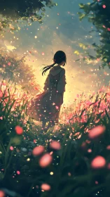 Silhouetted girl in illuminated meadow with drifting petals.