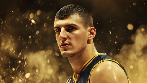 Male basketball player portrait against golden bokeh field.