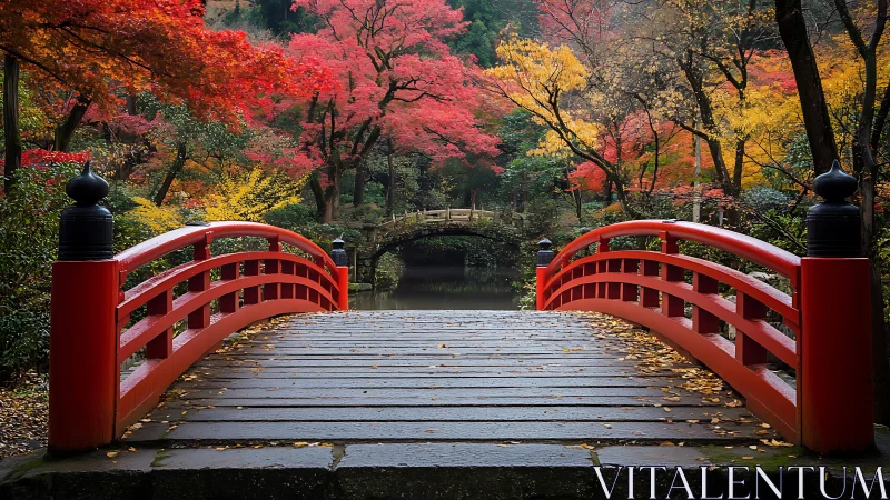 Crimson bridge welcoming quiet walks through autumn color.