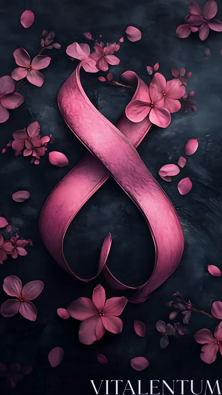 Pink ribbon and petals arranged symbolically on dark textured background
