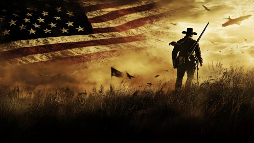 Lone cowboy stands tall beneath a weathered American flag