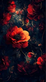 Red Flowers Against Dark Background with Golden Accents