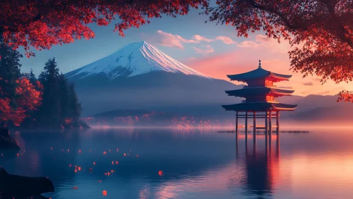 Crimson leaves cradle a lakeside pagoda before snowcapped peak
