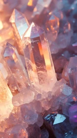 Cluster of translucent quartz crystal points in warm light.