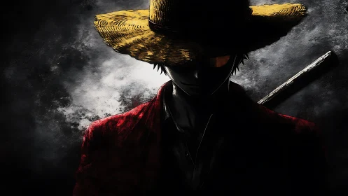 Shadowed anime swordsman stands in dramatic side lighting.