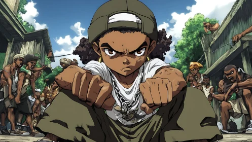 Streetwise kid plants defiant fists at the center of chaos