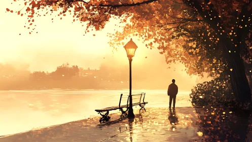 Golden lakeside sunset walk under glowing autumn trees.