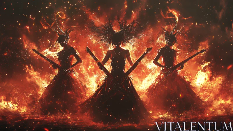 Fiery guitar goddesses rocking a blazing otherworldly stage.