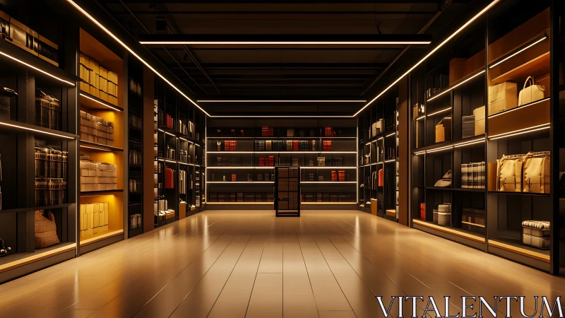 Luxury storage hall with illuminated shelving and warm light.