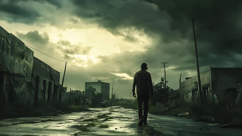 Lone figure walks stormlit ruins under darkened sky.