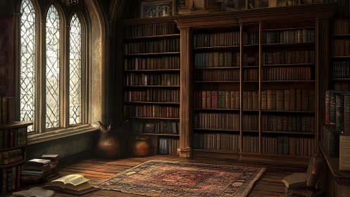 Interior shows tall bookcases and leaded windows in study