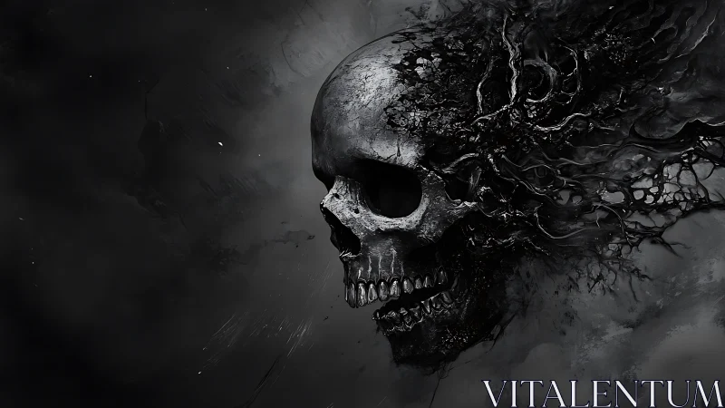 Dark skull dissolving into twisting black organic forms.