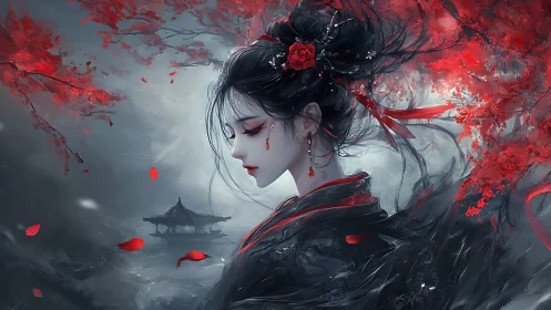 Profile view of stylized woman amid red foliage elements