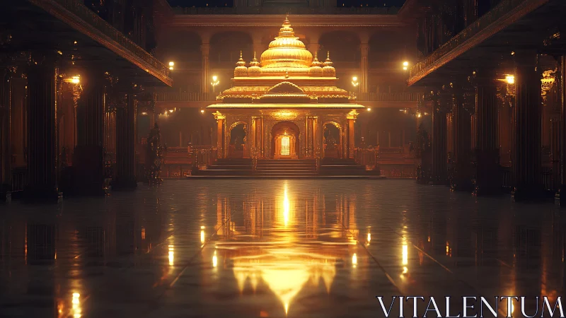 Golden temple hall with illuminated central shrine interior.