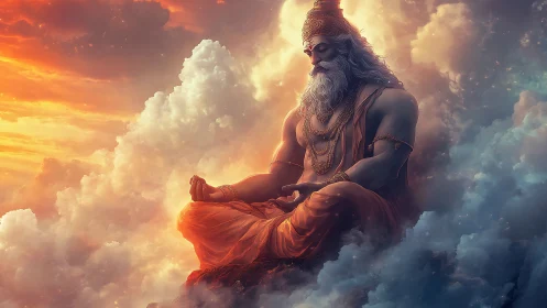 Meditative sage seated among glowing clouds at sunset.