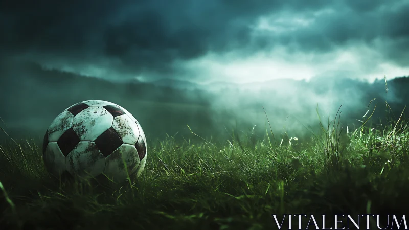 Weathered soccer ball in misty green field at dusk.