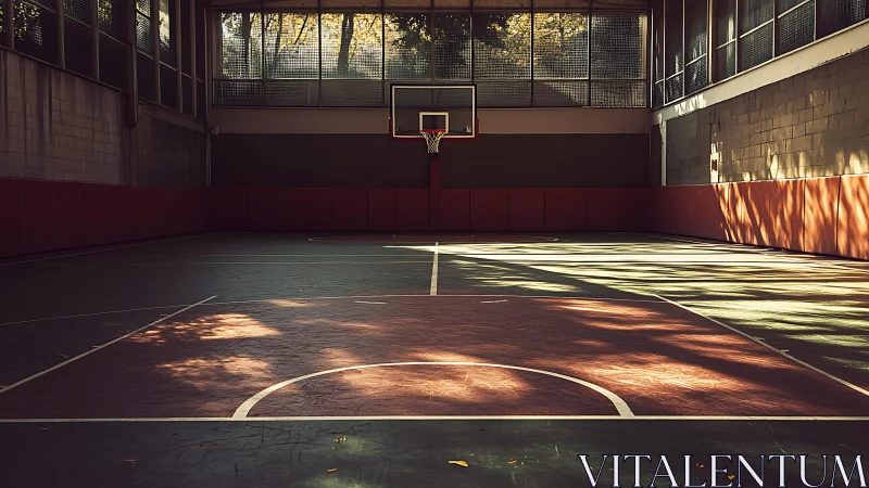 Indoor basketball court in filtered afternoon light.