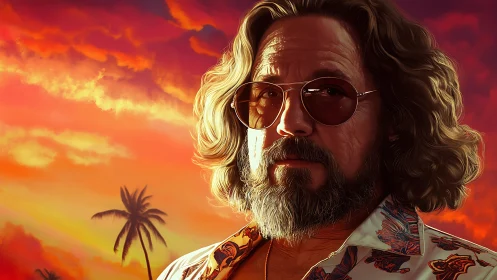 Digital painting portrait under saturated tropical sunset sky.