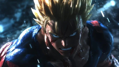 Battle-worn anime hero with glowing eyes in rainstorm.