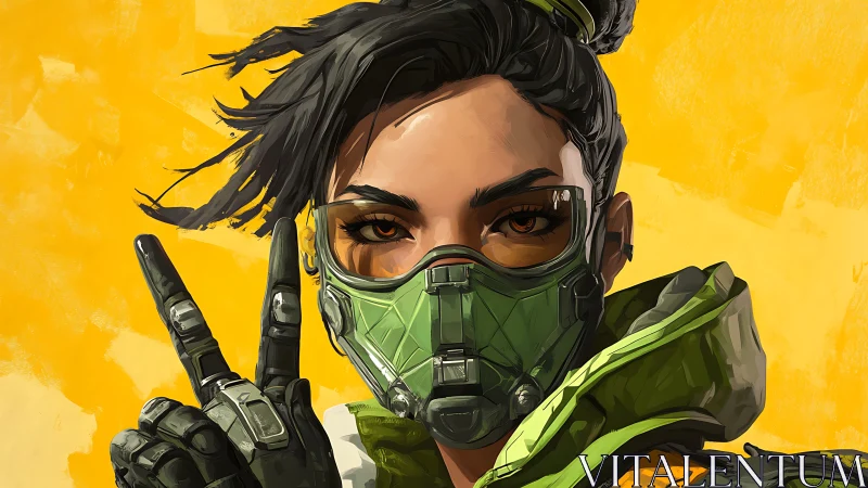 Confident masked heroine posing with bold yellow energy.