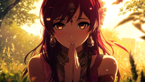 Sunlit girl in jeweled prayer sharing a quiet golden hello.