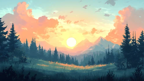 Sunlit alpine meadow glows beneath vivid pastel sunrise.