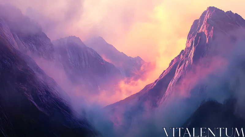 Iridescent alpine ridges dissolve into atmospheric sunset haze