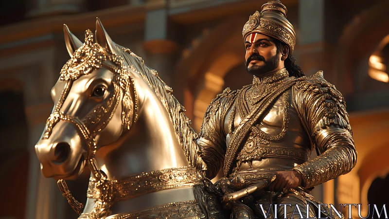 Golden equestrian warrior statue with ornate royal armor.